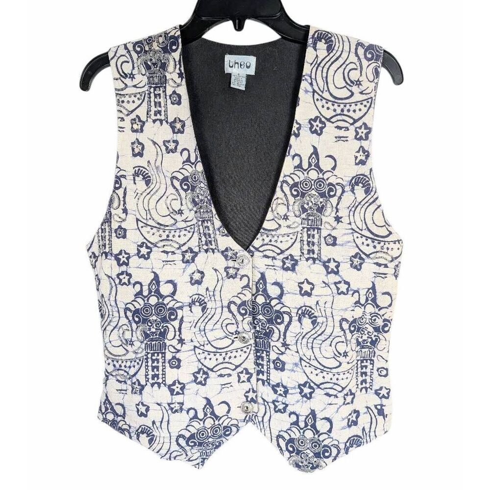 Vintage 90s Theo navy off white beaded Asian dragon nautical print vest womens S